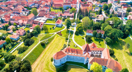 Town of Varazdin historic center and famous landmarks aerial view, northern Croatia
